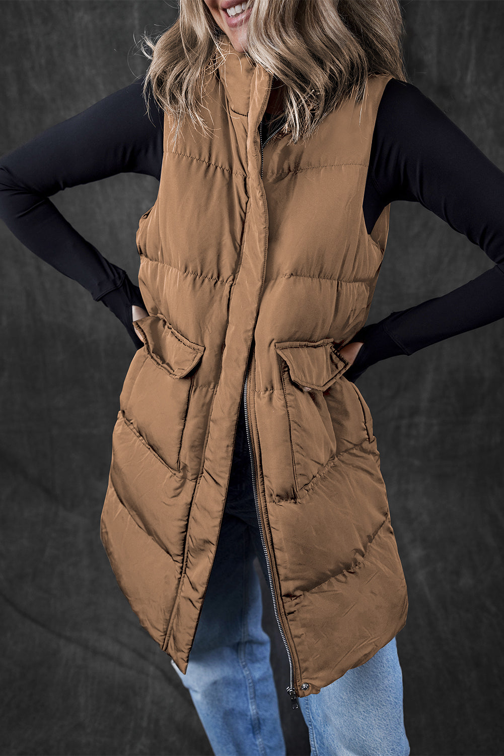 Solid Zip-Up Pocketed Puffer Vest