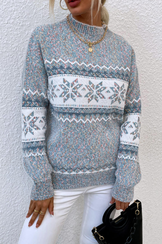 Snowflake Pattern Mock Neck Sweater