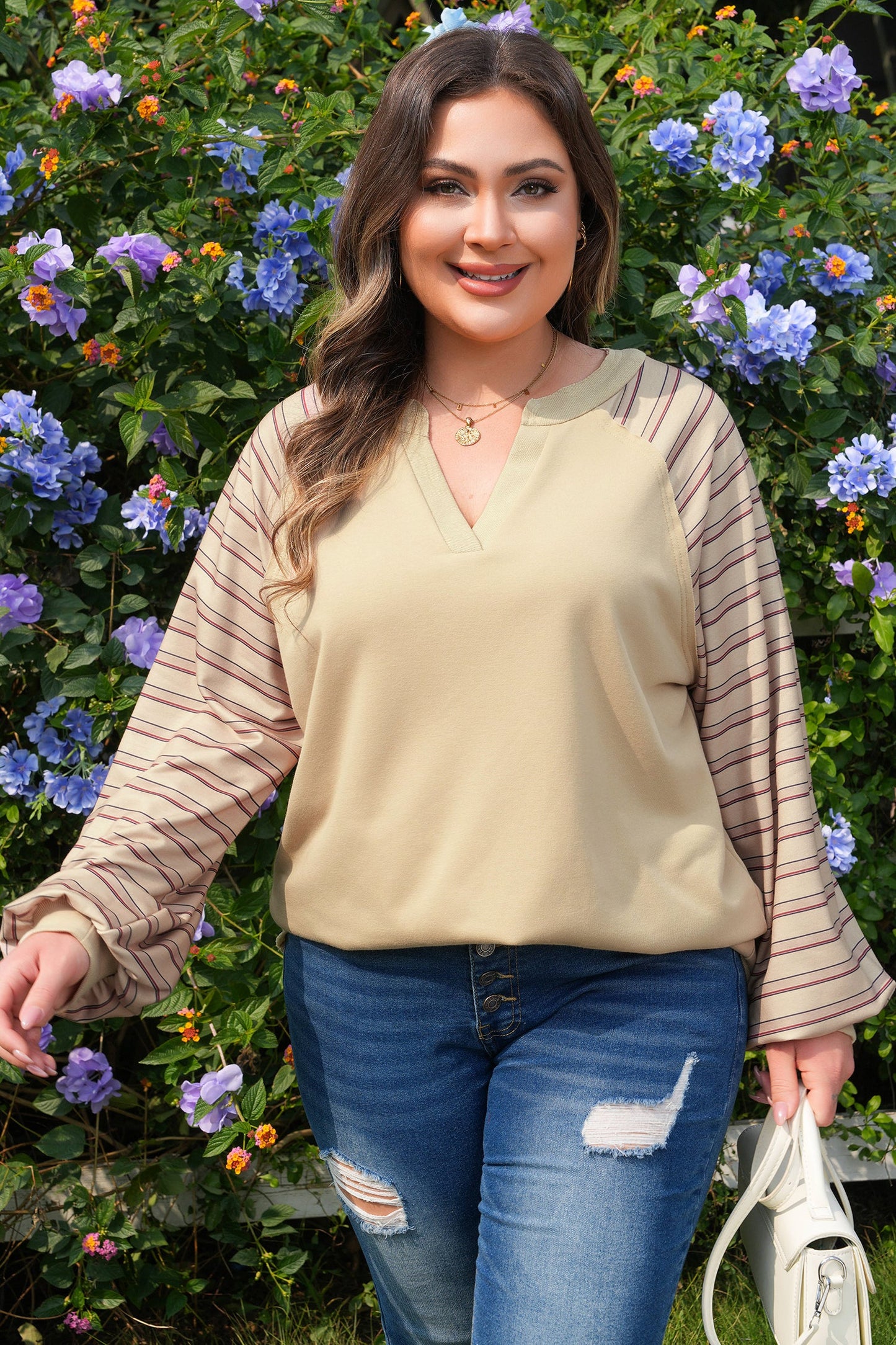 Plus Size Raglan Sleeve Stripe Notch-Neck Jumper