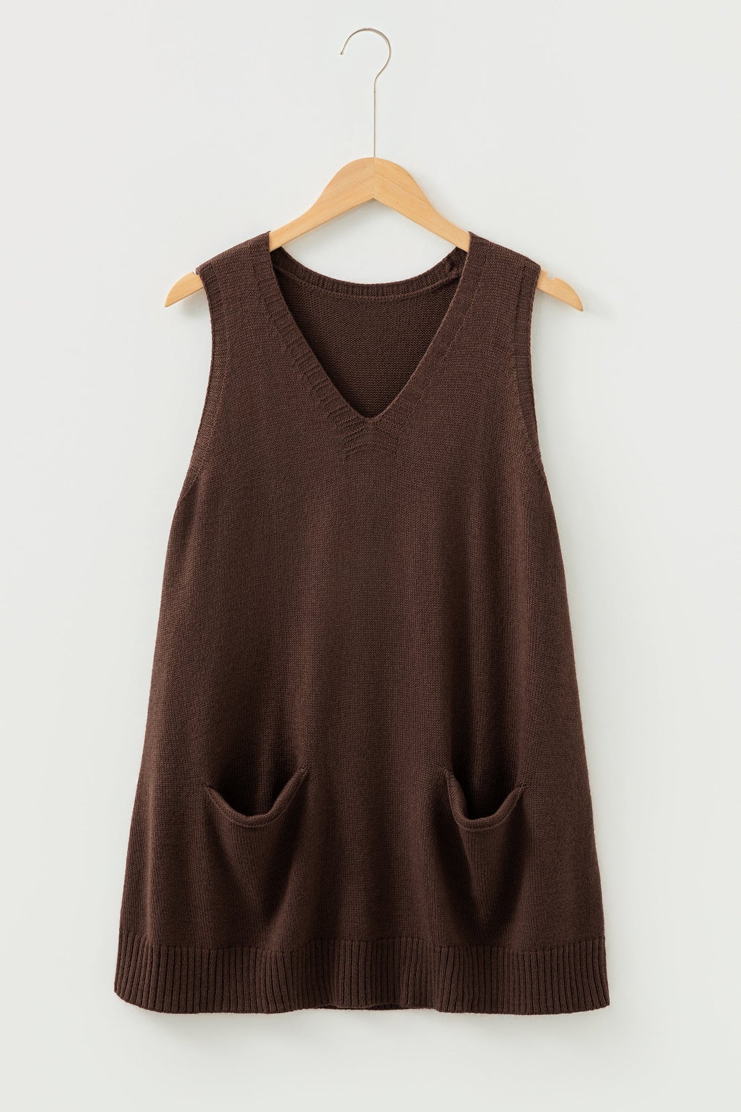 Solid Ribbed Trim Deep V-Neck Sleeveless Tunic Sweater