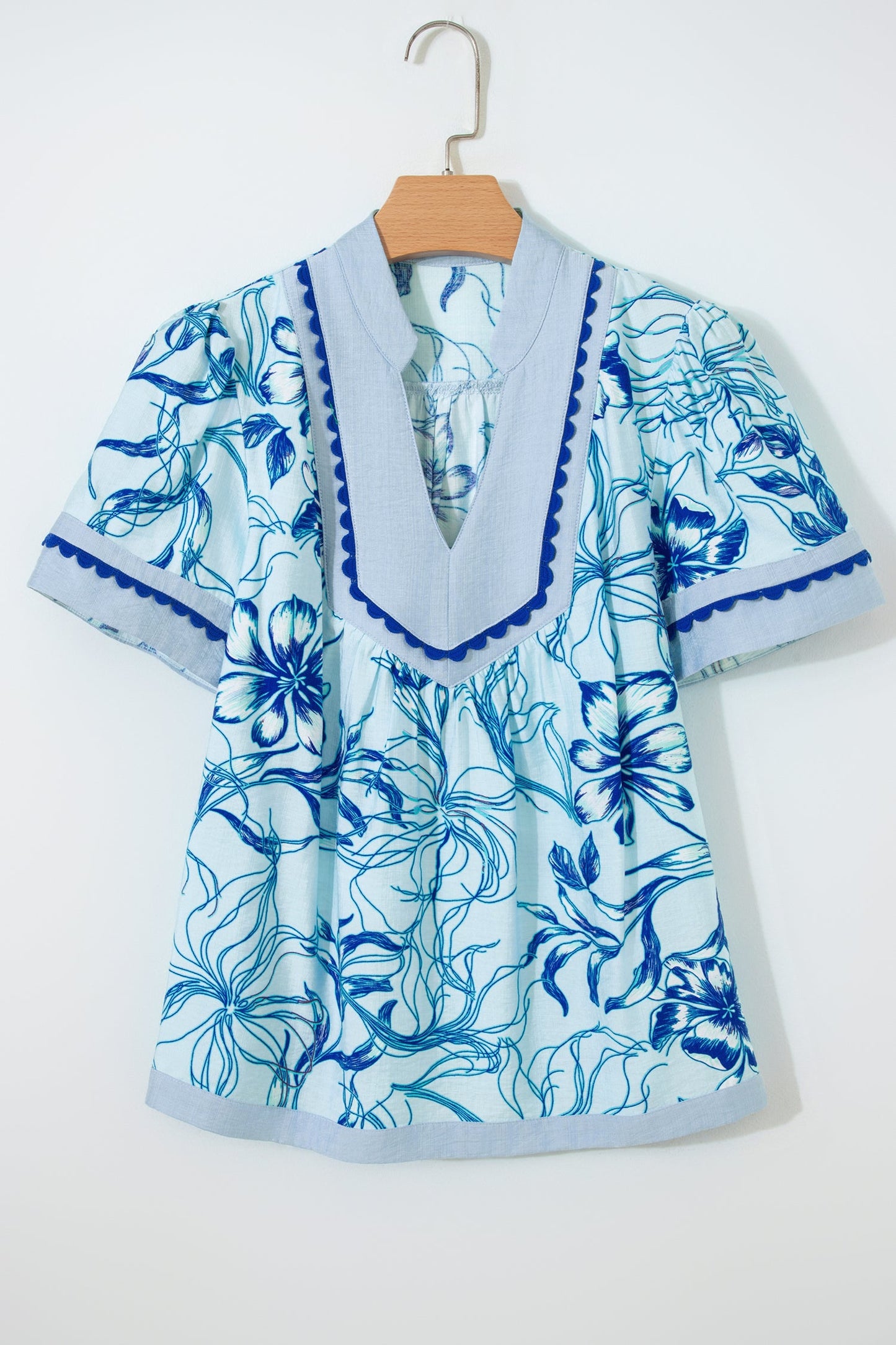 Floral Scalloped Ricrac Trim V-Neck Blouse