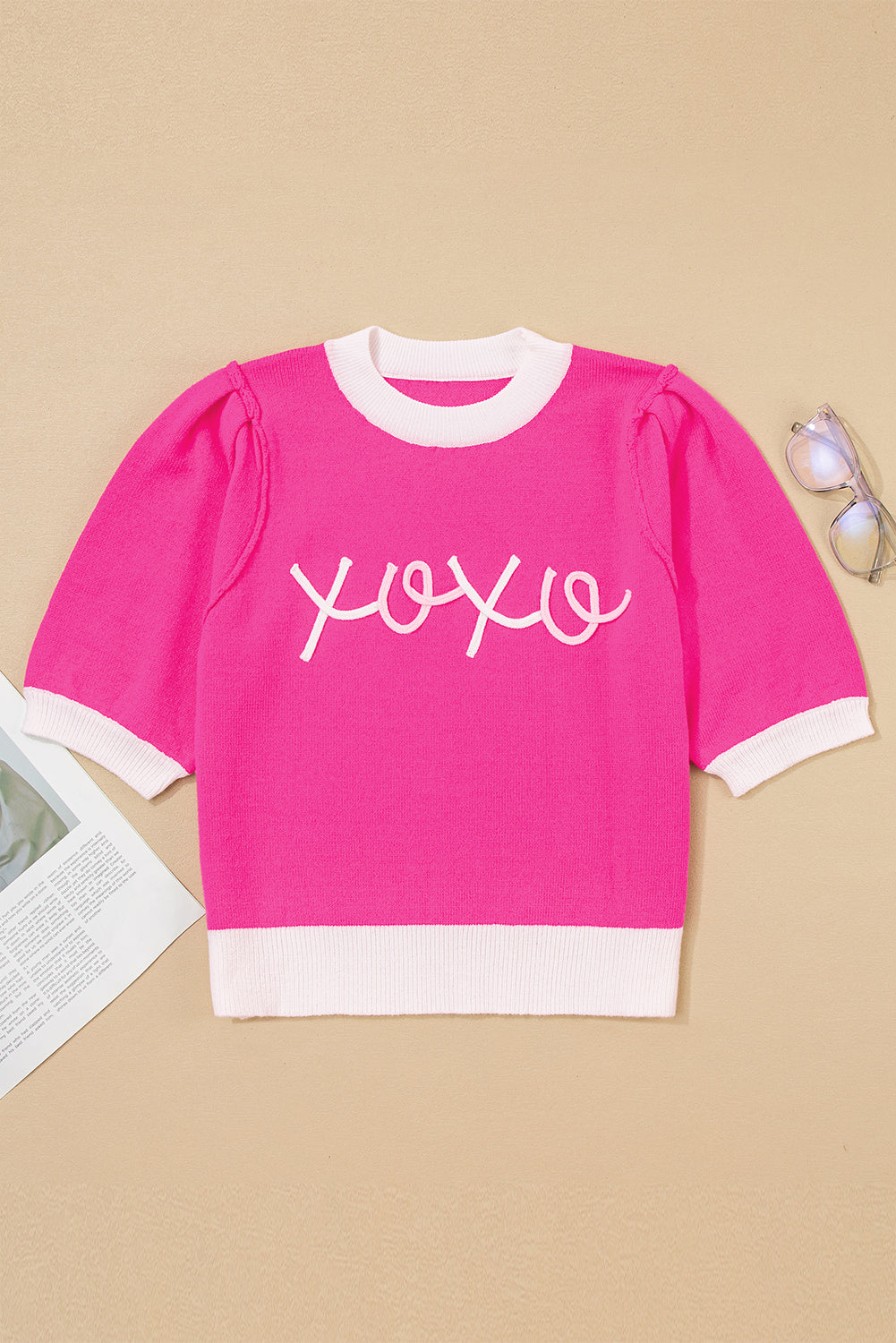 Valentines XOXO Embroidered Puff Sleeve Sweater Tee
