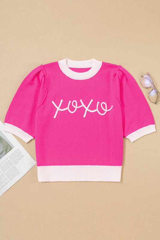 Valentines XOXO Embroidered Puff Sleeve Sweater Tee