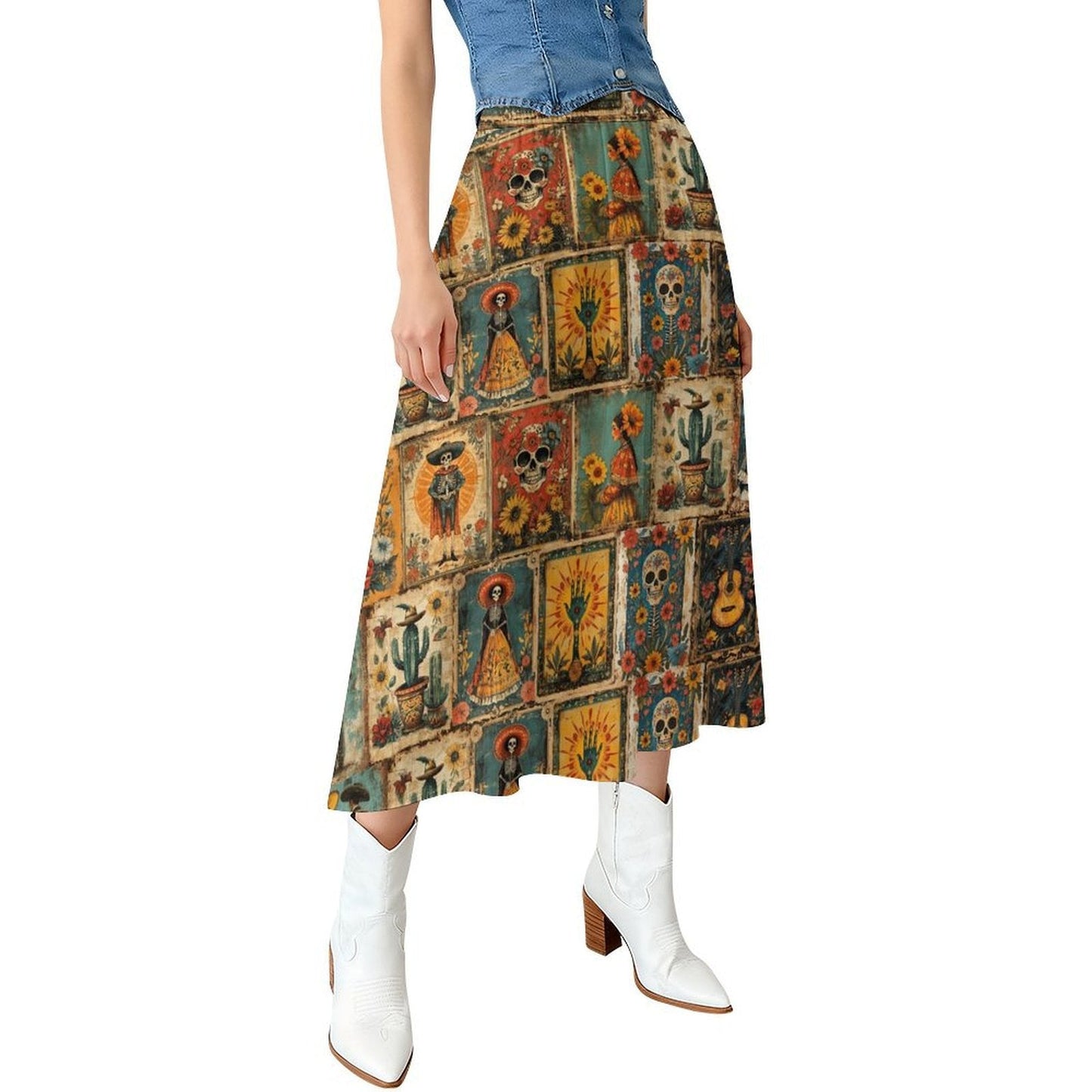 Colores de Mexico Dia de los Muertos Midi Skirt