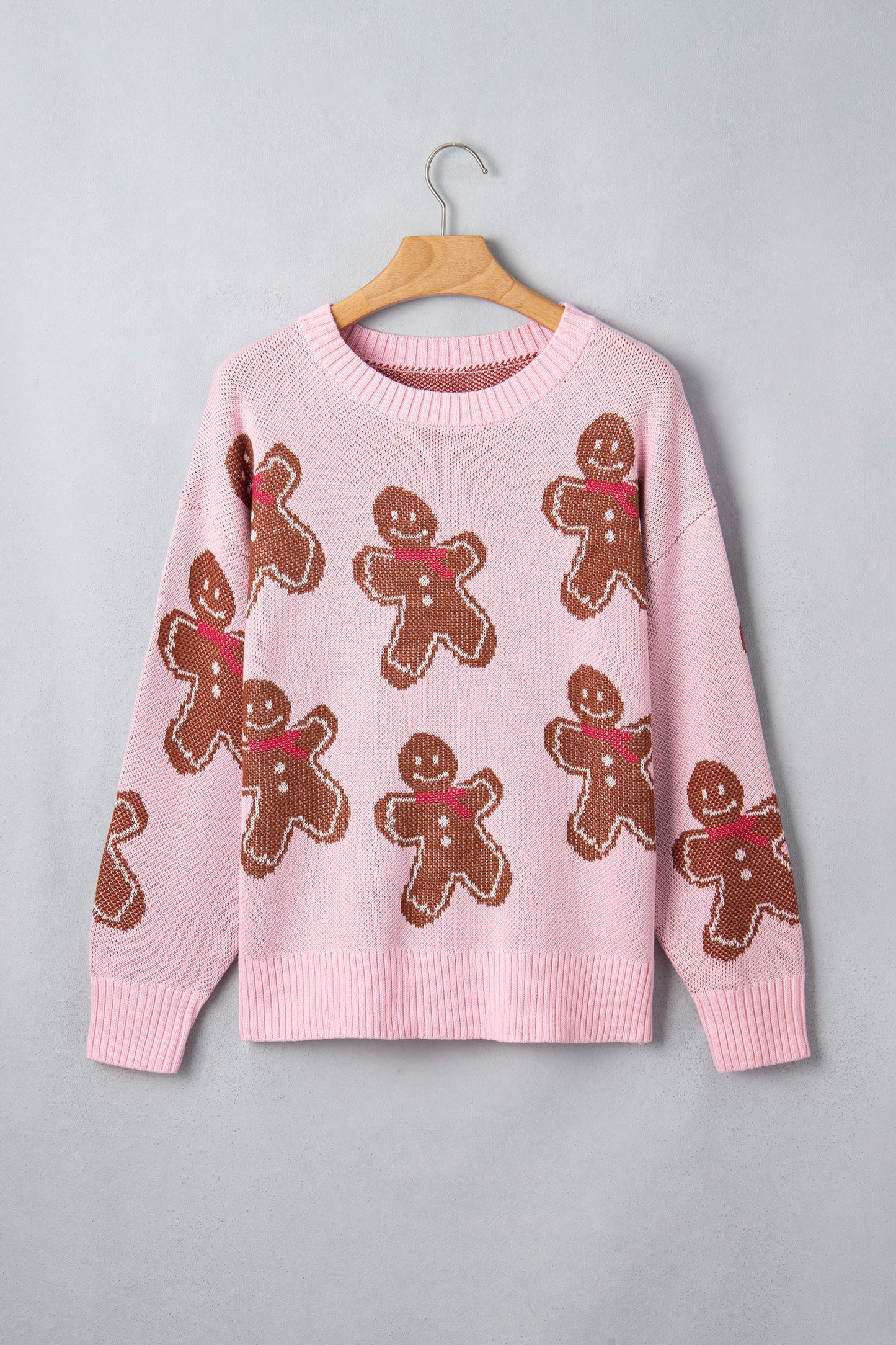 Christmas Gingerbread Ribbed Trim Round Neck Sweater
