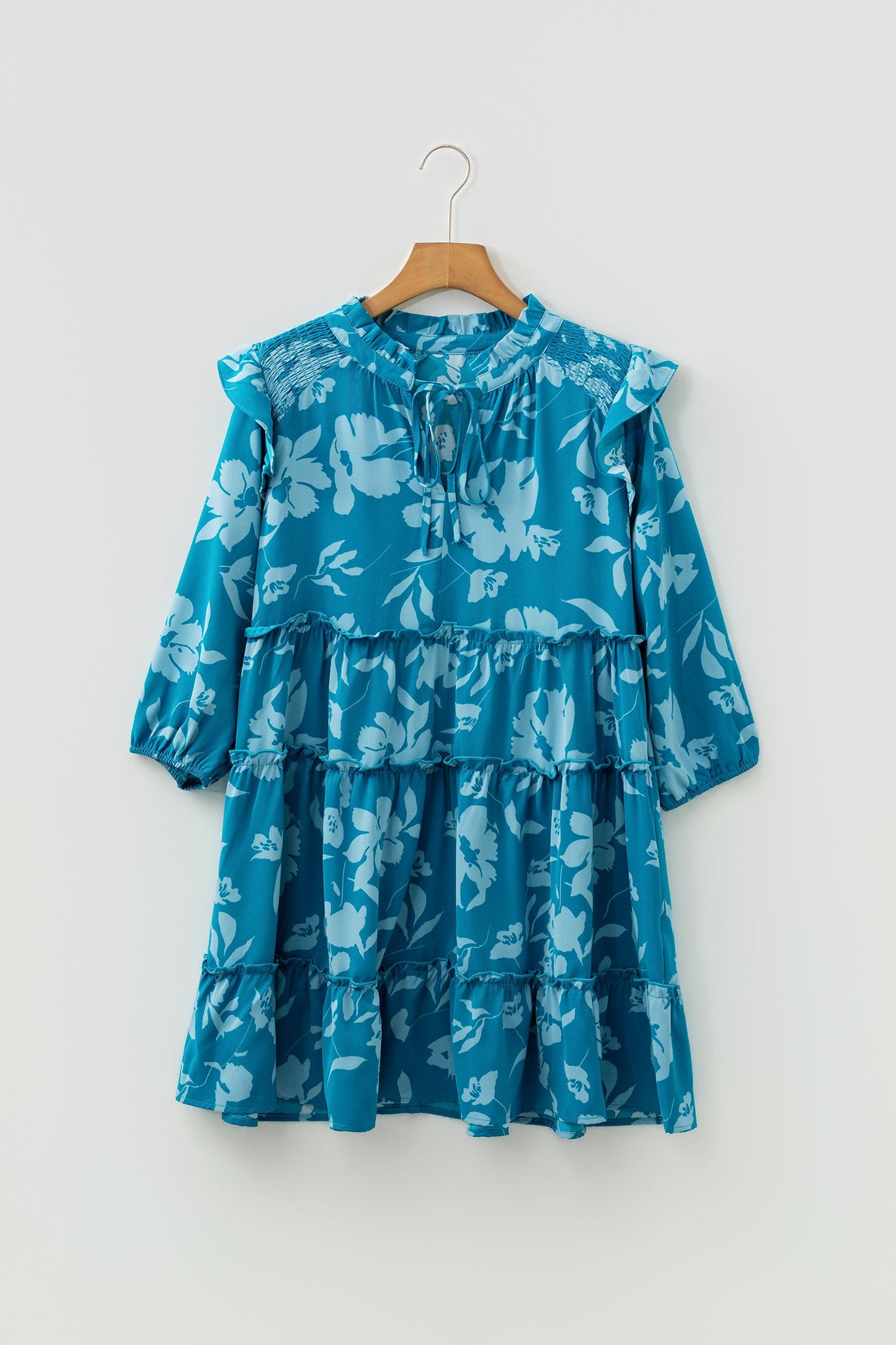 Flower 3/4 Sleeve Ruffle Tiered Dress