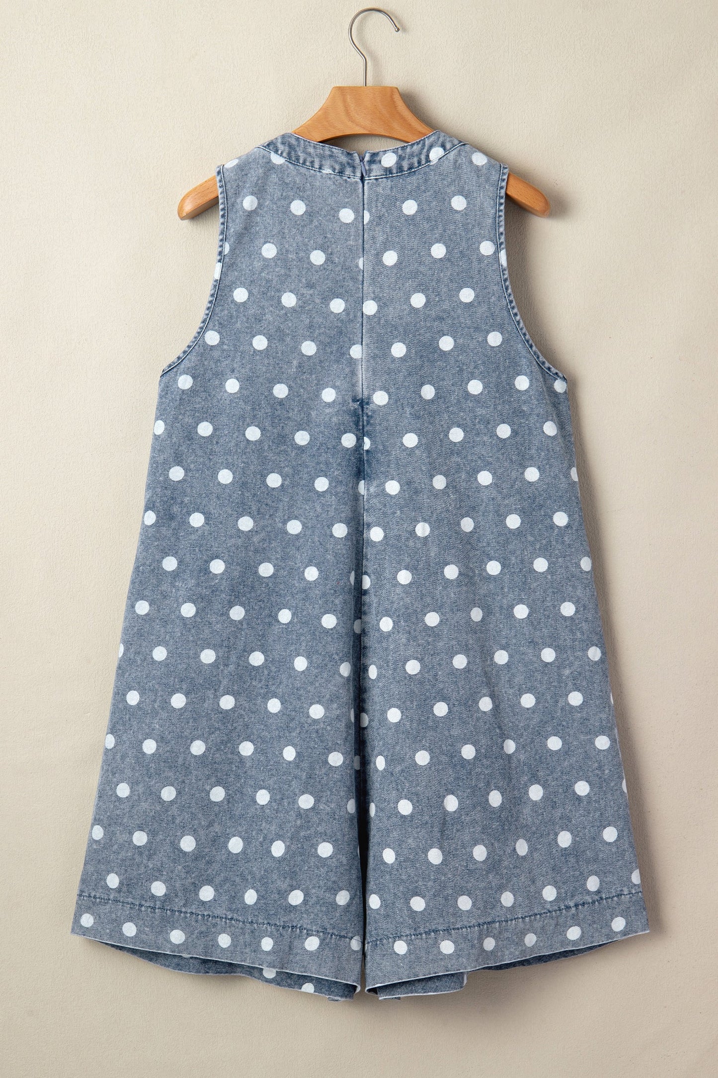 Polka Dot Denim Tie V-Neck Pleated Romper