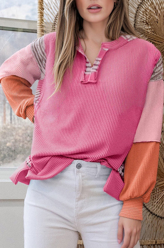Plaid Colorblock Corded Patchwork Long Sleeve Top