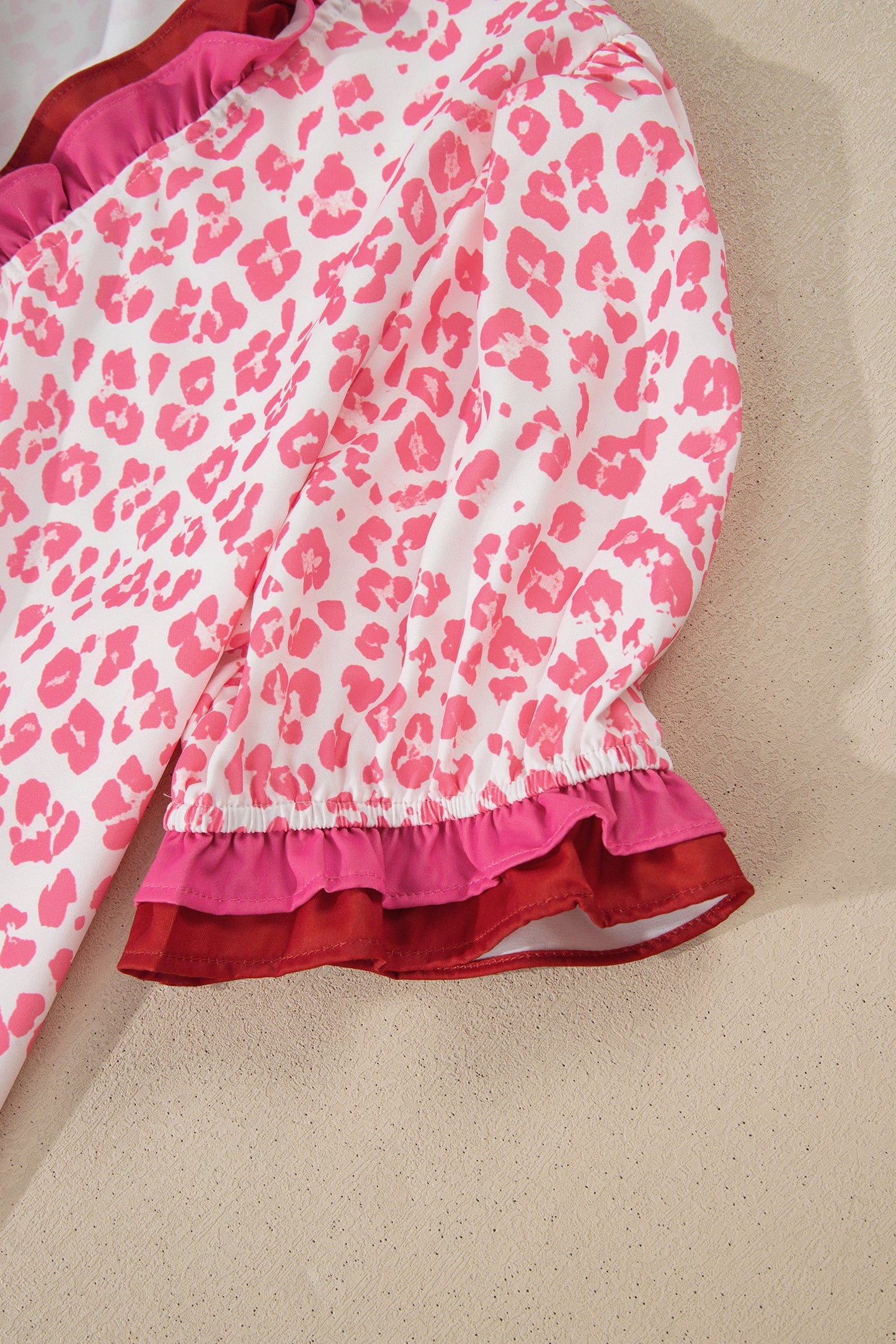 Leopard Ruffle Trim V-Neck Short Sleeve Blouse