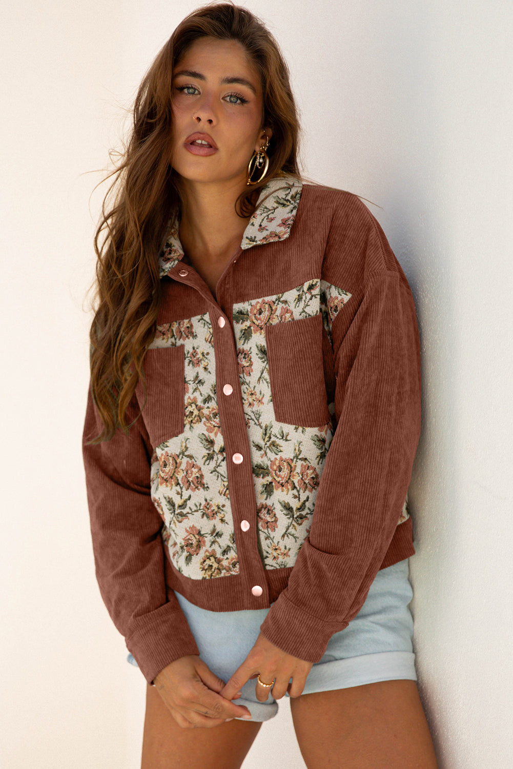Floral Patchwork Ribbed Shirt Jacket