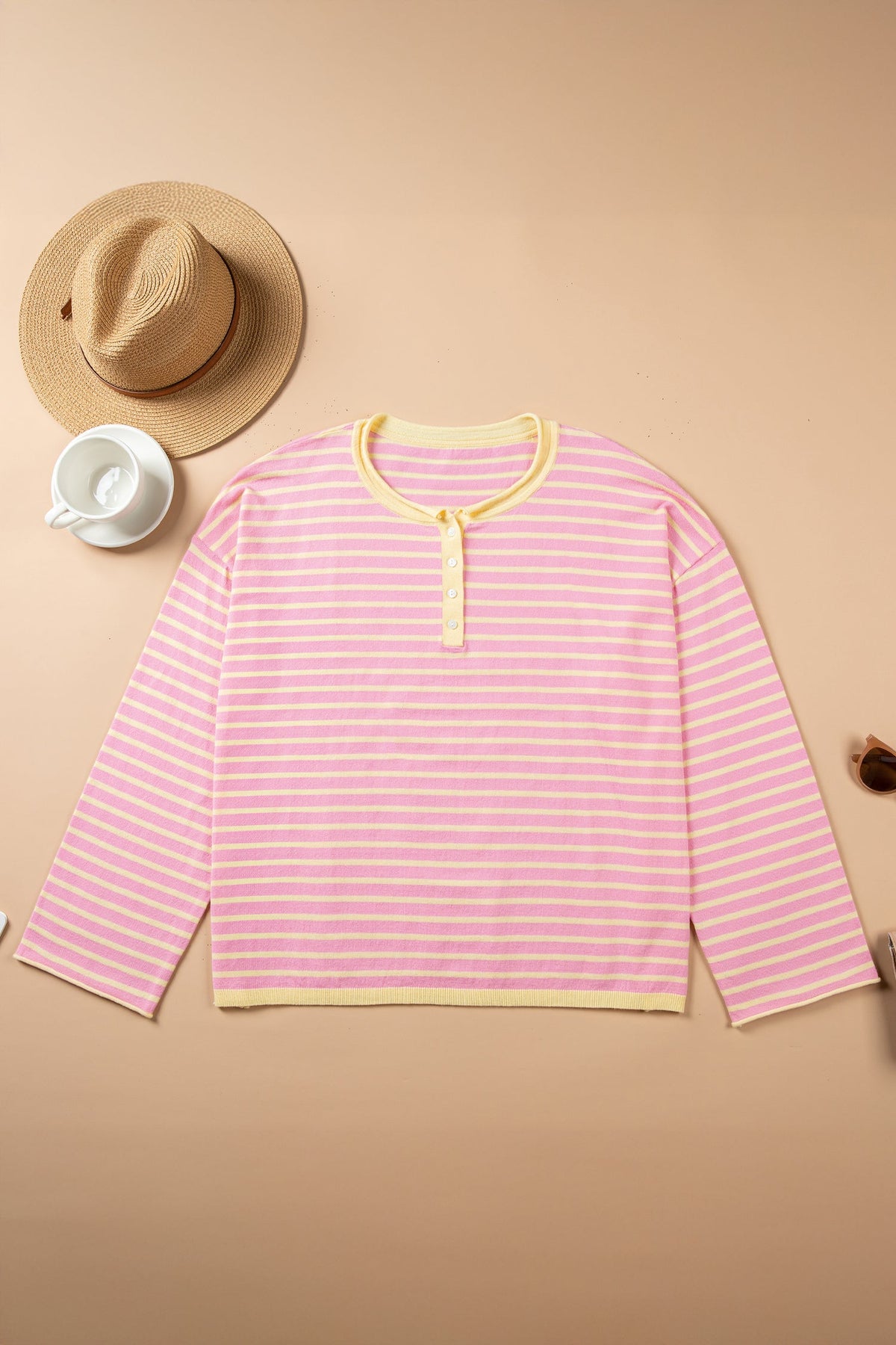 Plus Size Stripe Contrast Trim Henley Sweater