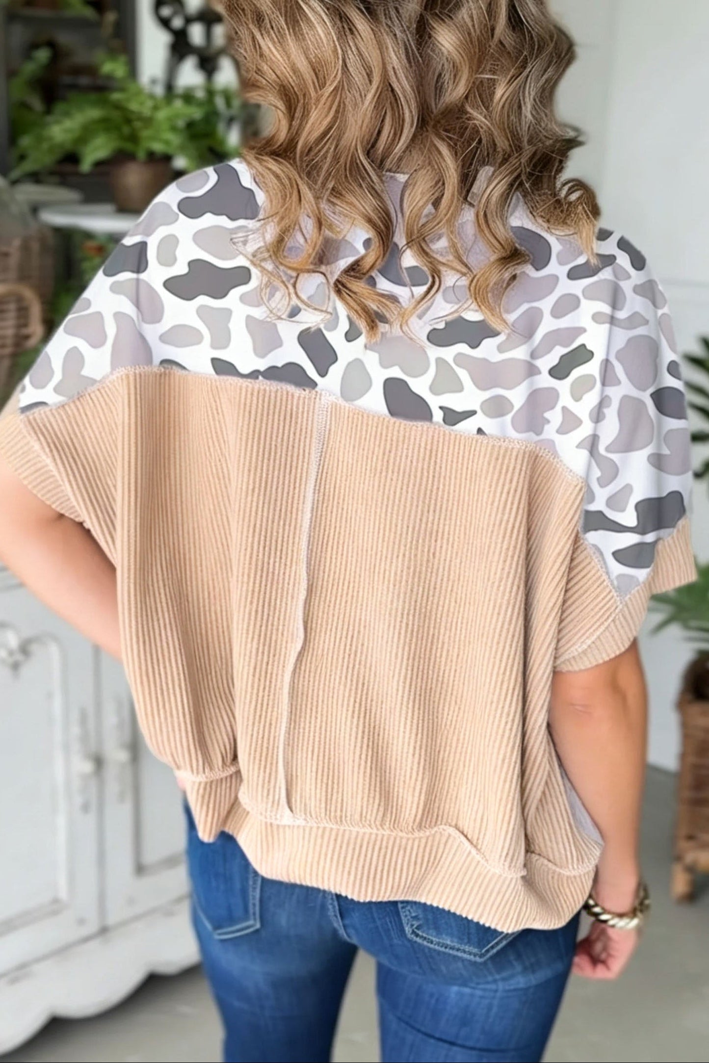 Camo Patchwork Corded Knit Short Sleeve T-Shirt