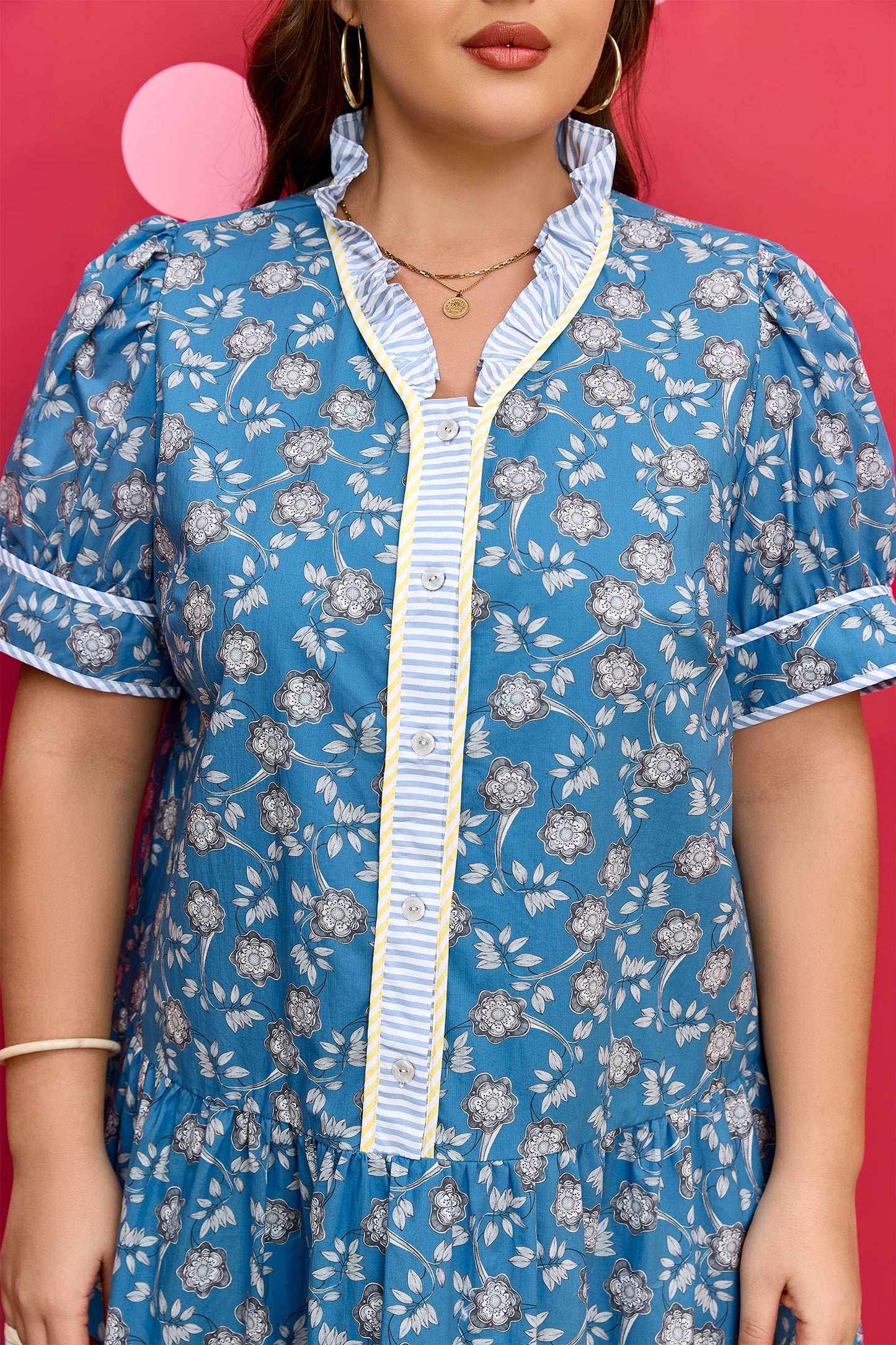 Plus Size Floral Stripe Patchwork Ruffle Dress