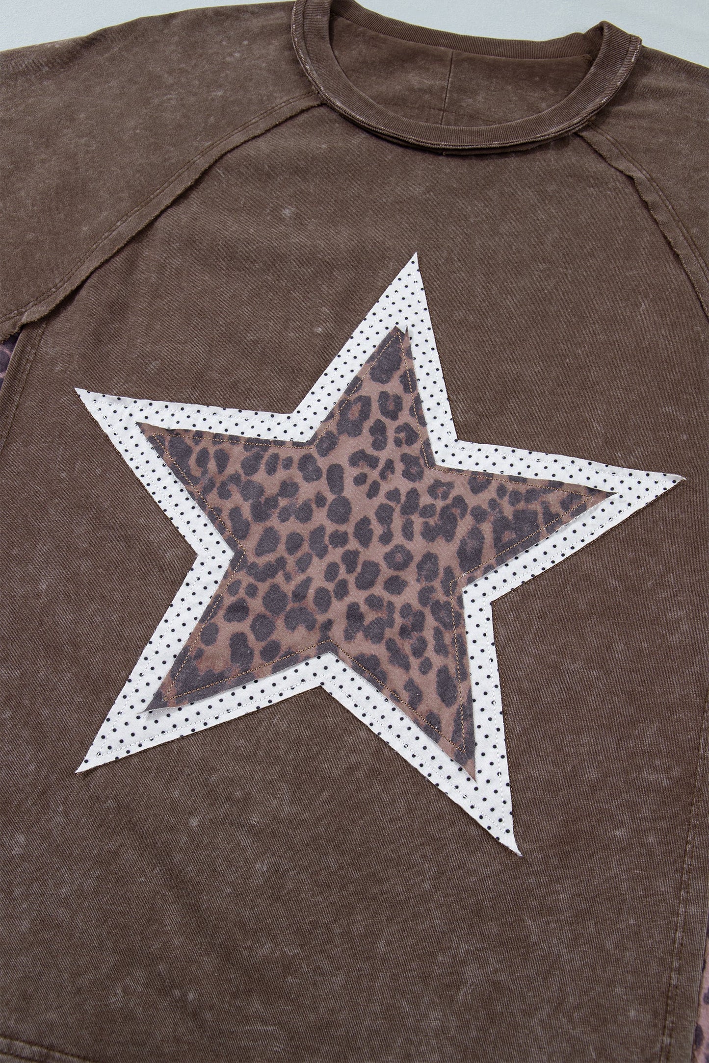 Leopard Star Patched Mineral Wash Exposed Seam T-Shirt