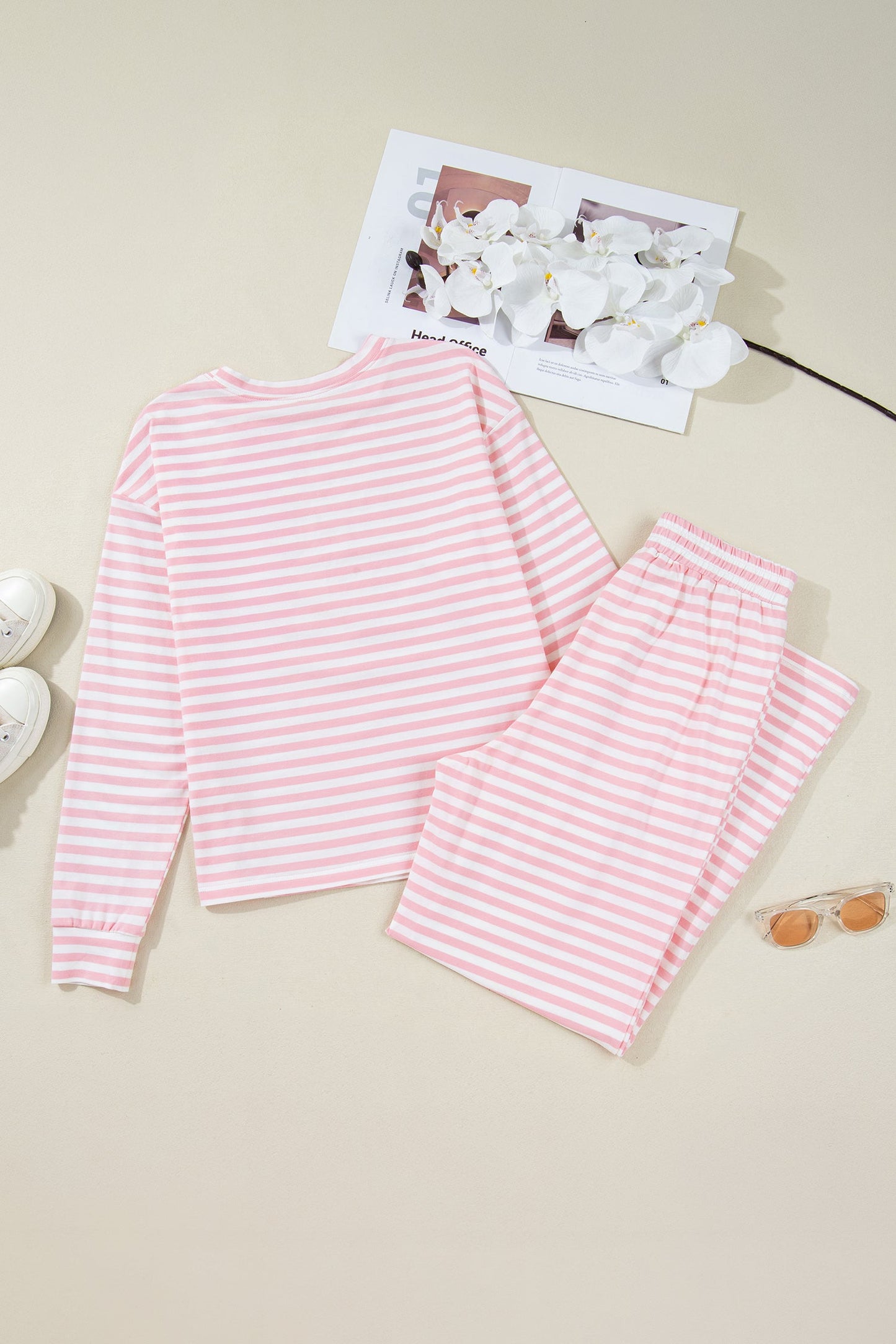 Stripe Drop Shoulder Top & Buttoned Pants Set