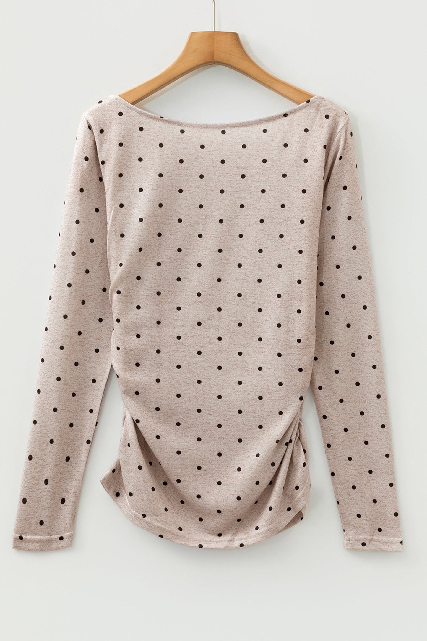 Polka Dot Boat Neck Long Sleeve Ruched T-Shirt