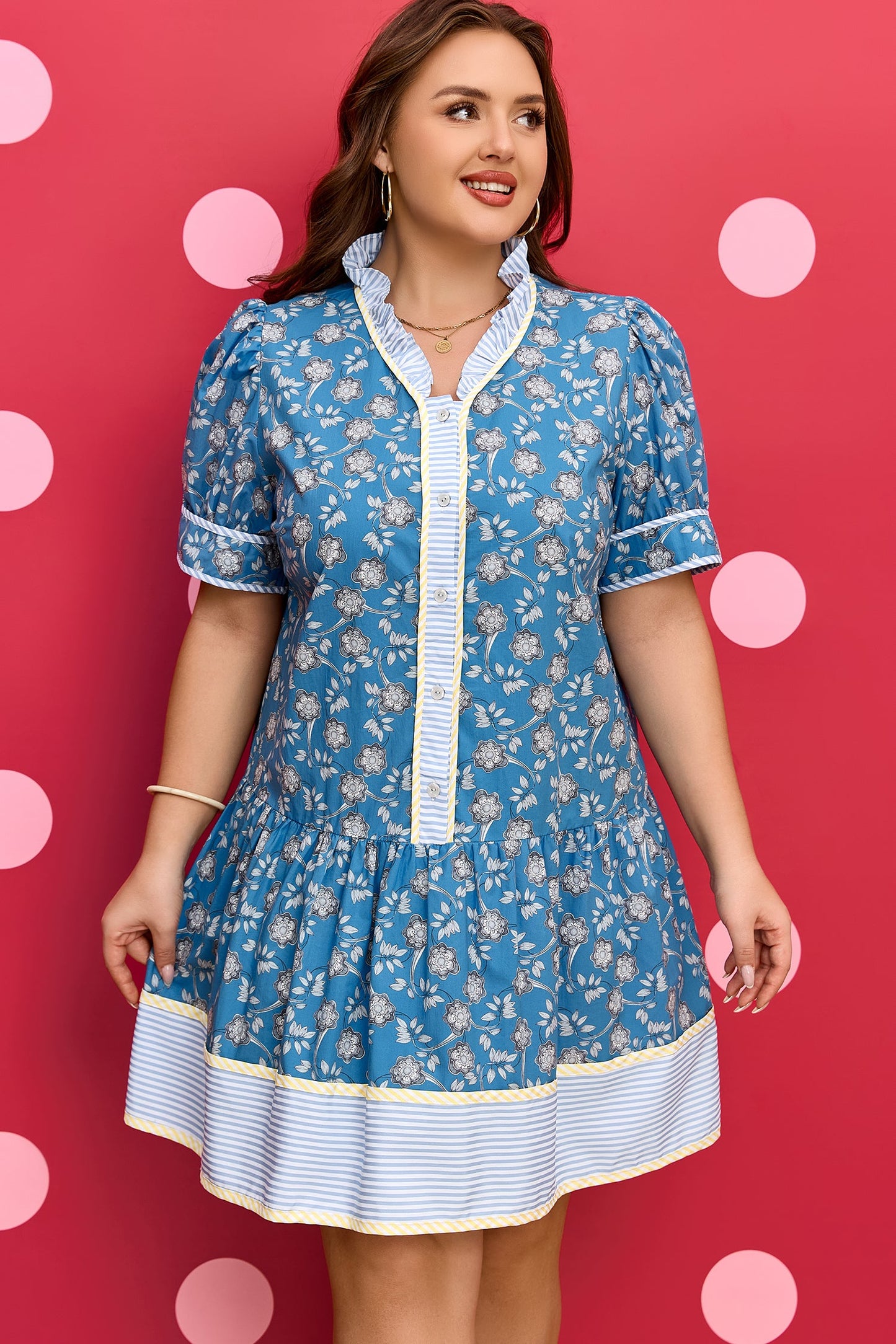 Plus Size Floral Stripe Patchwork Ruffle Dress