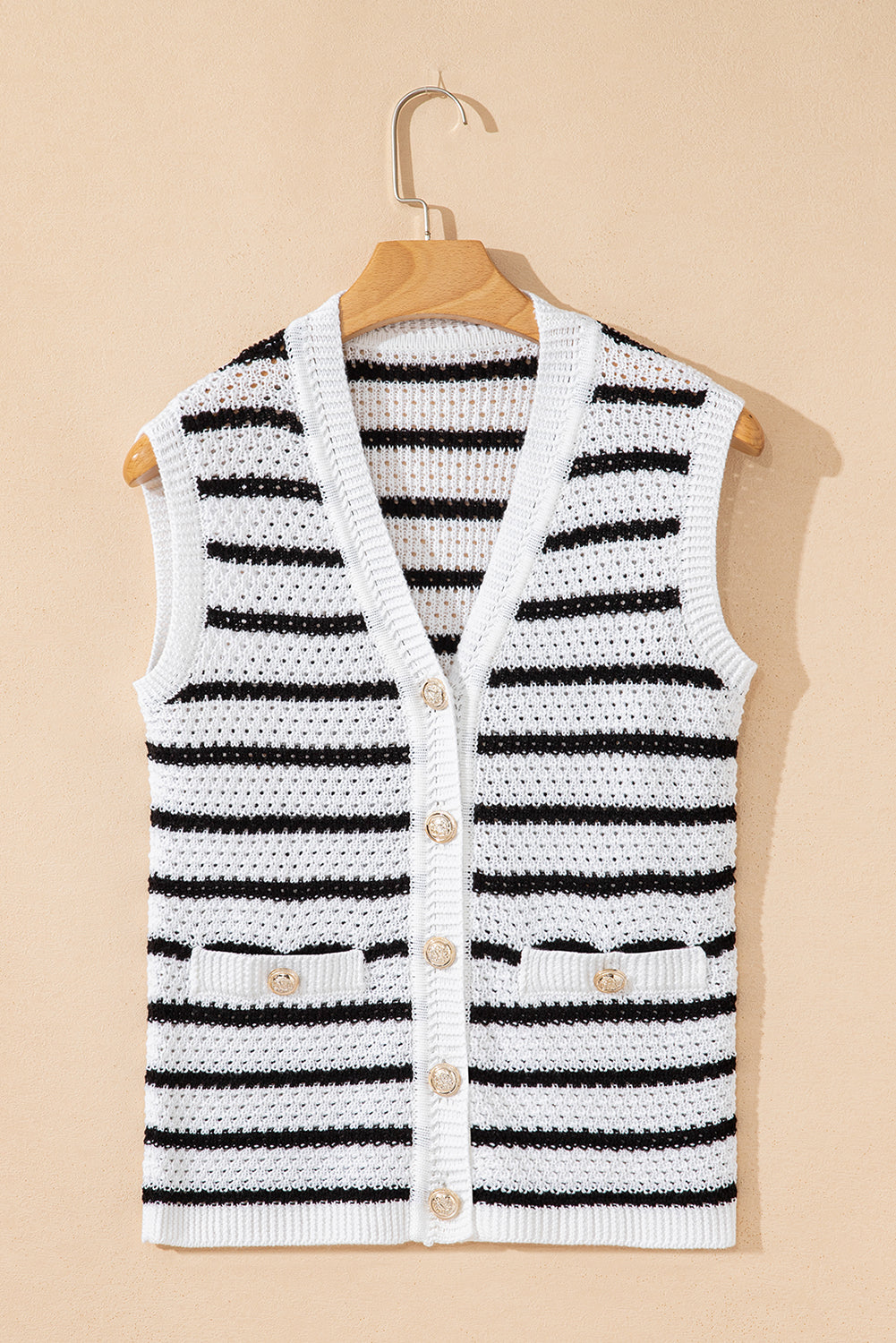 Stripe V-Neck Gold Button Sweater Top
