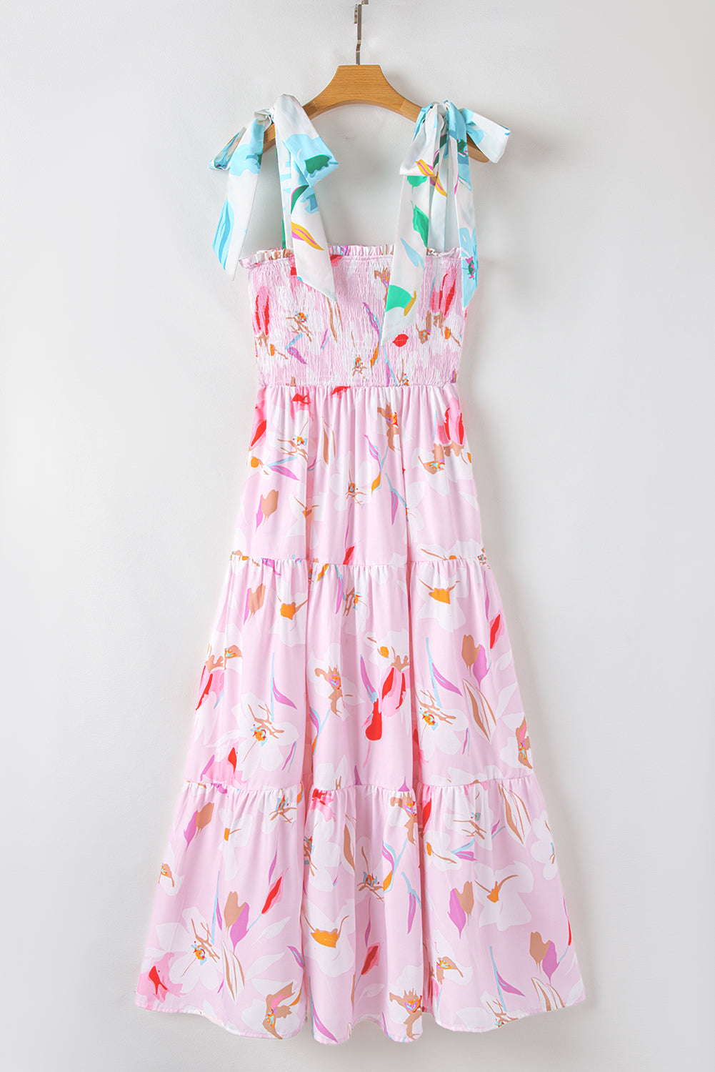 Floral Knotted Shoulder Smocked Maxi Dress