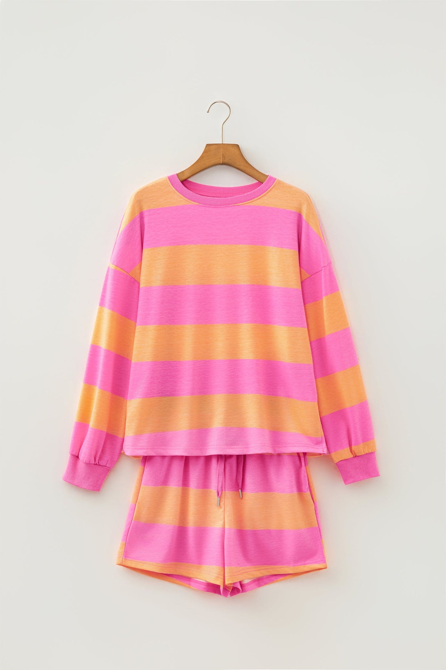 Plus Size Colorblock Stripe Top & Drawstring Shorts Set