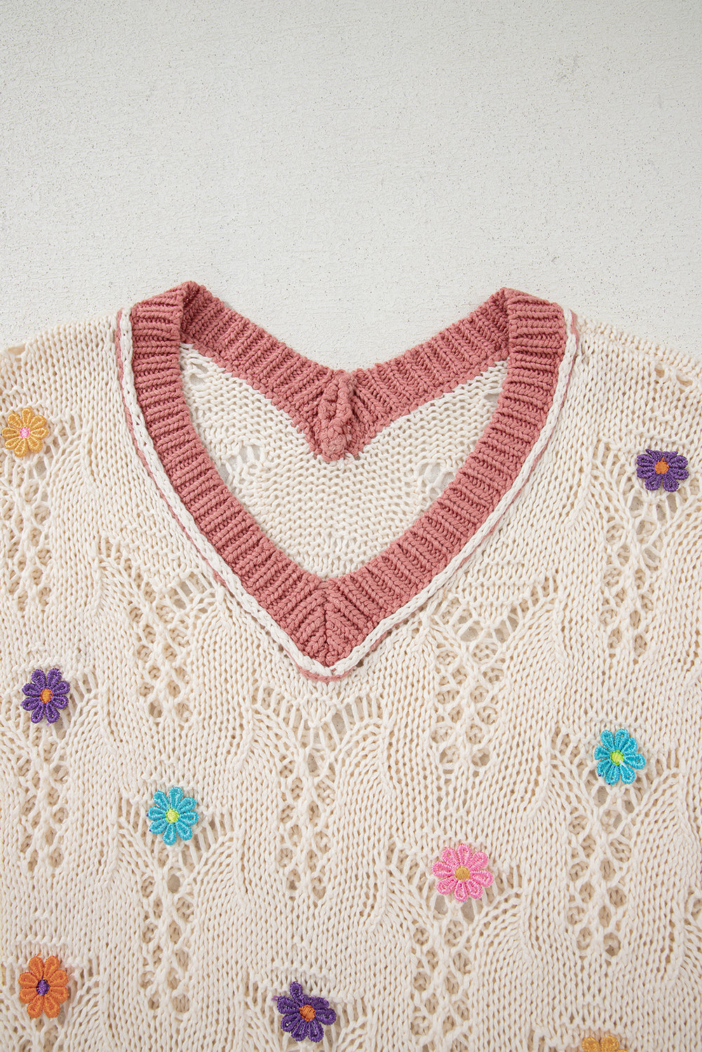 Flowers Embroidered Colorblock Edge Hollowed Sweater