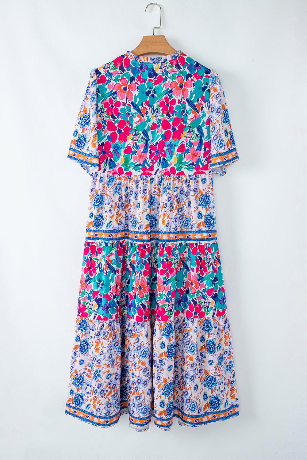 Floral Tie Split Neck Short Sleeve Dress