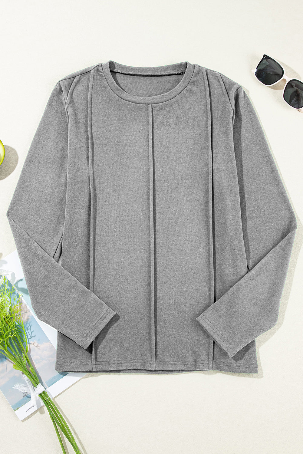 Solid Reverse Seam Crewneck Long Sleeve Top