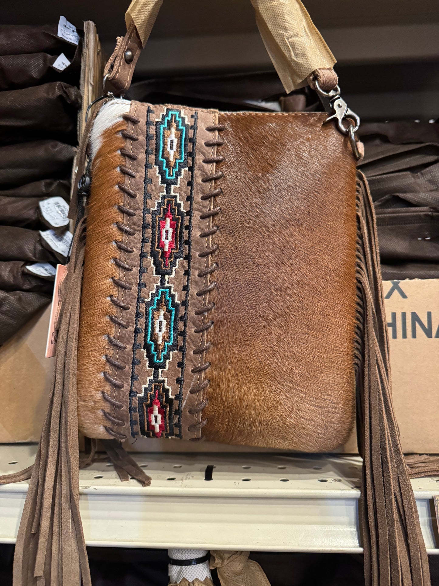 Aztec Diamond Stitched Cowhide Crossbody Purse