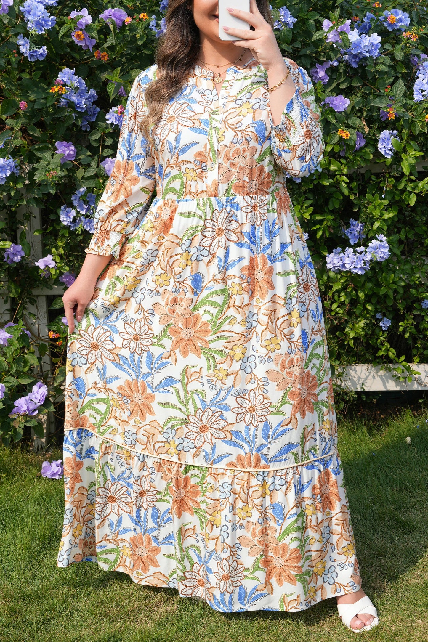Plus Size Floral 3/4 Sleeve Tiered Dress