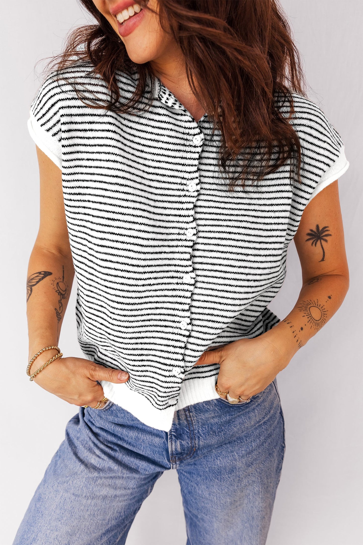 Stripe Contrast Trim Cap Sleeve Button-Up Cardigan