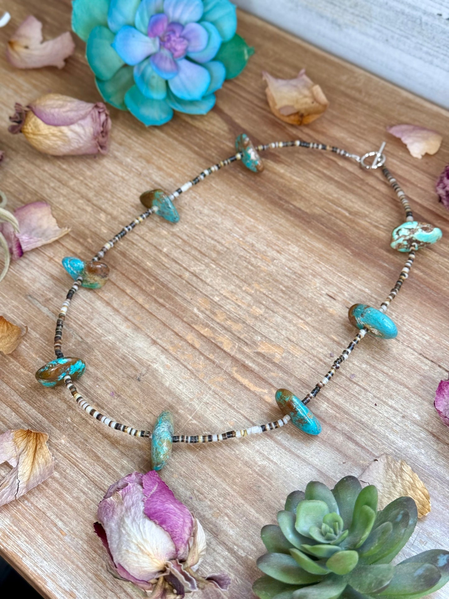 22” Chunky Turquoise & Dark Brown Shell Heishi Necklace