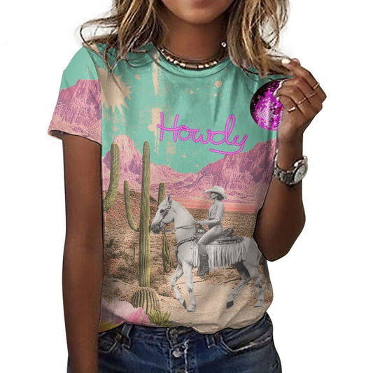 Baha Ranch Retro Pop Western Howdy Desert Cowgirl Cotton T Shirt