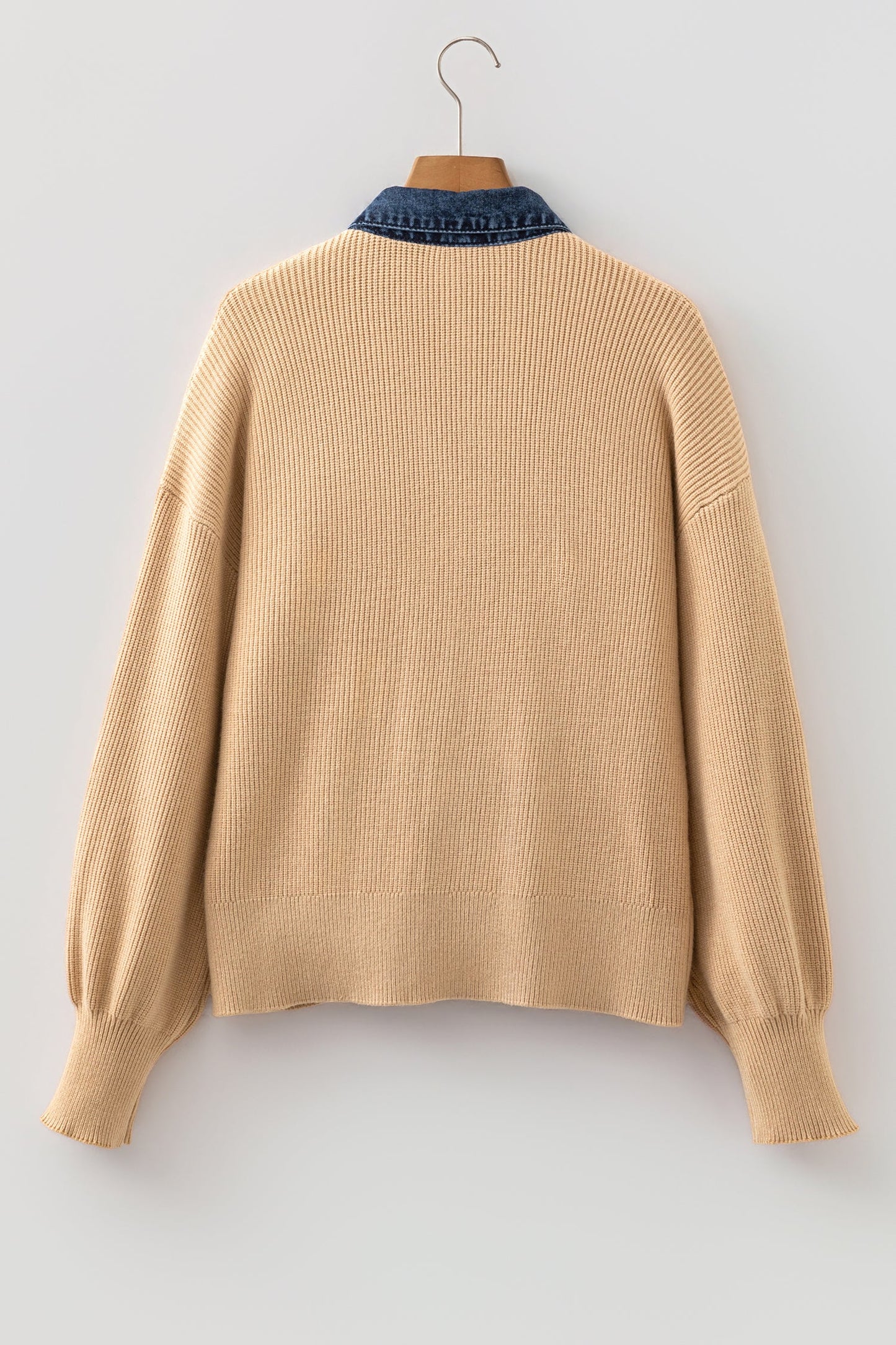 Denim Patchwork Collar Ribbed Knit Buttoned Cardigan