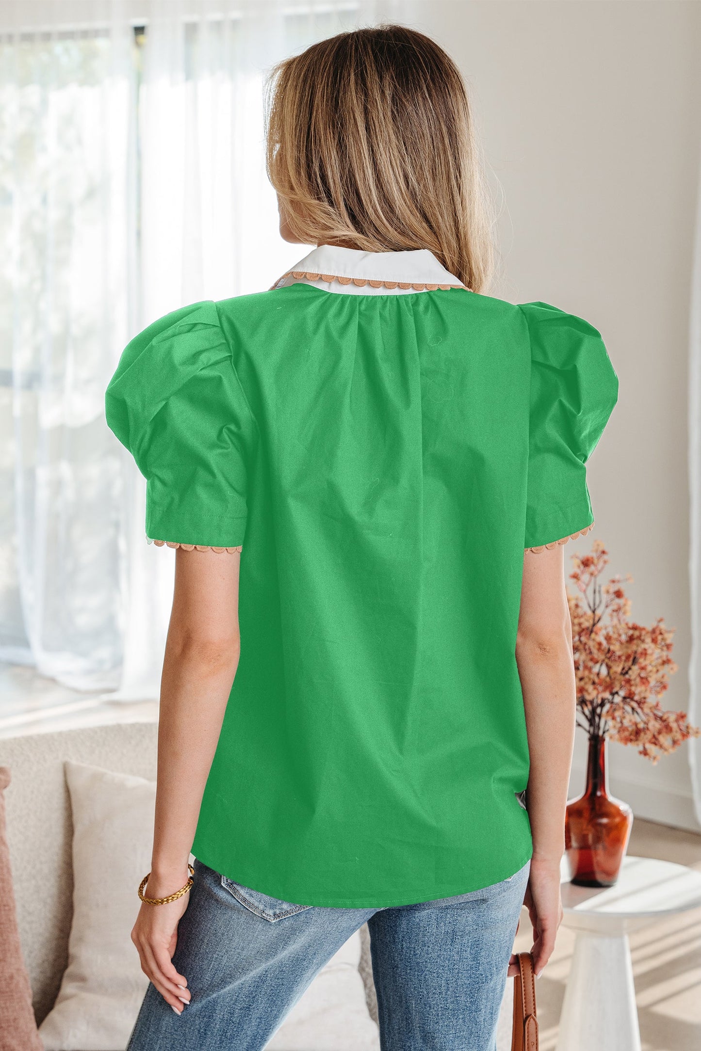 Colorblock Ricrac Trim Collared Short Sleeve Blouse