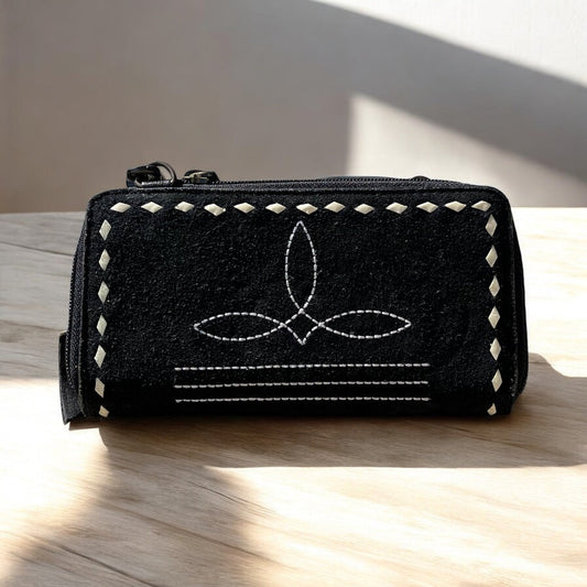 Black BootStitch suede leather crossbody wallet