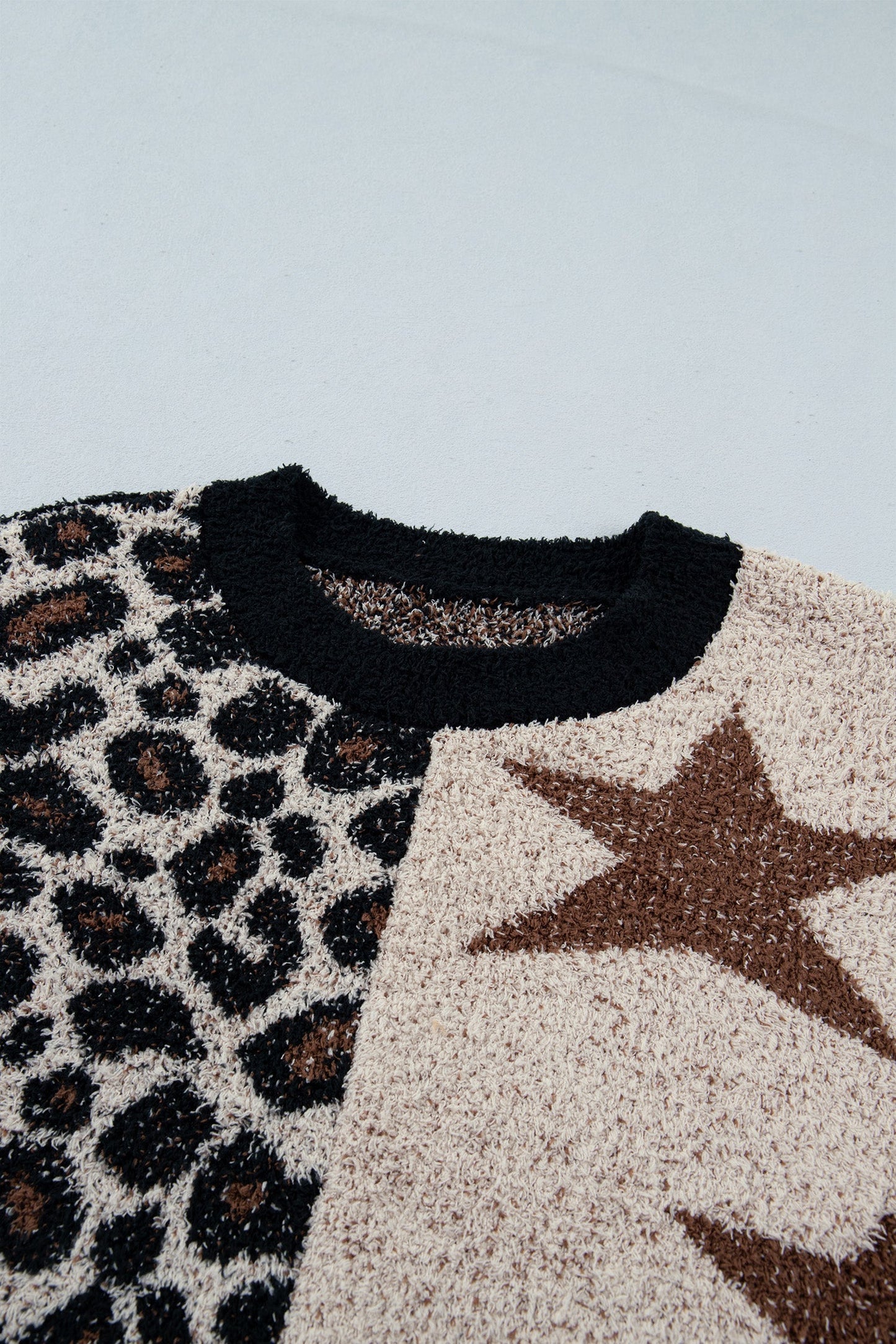 Leopard Star Patchwork Round Neck Fuzzy Sweater