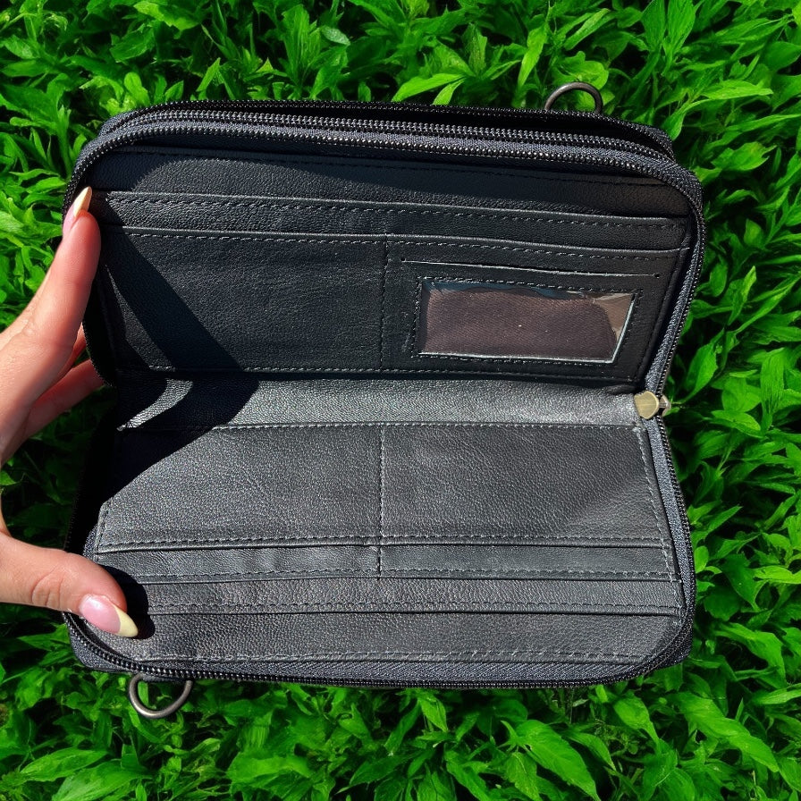 Black BootStitch suede leather crossbody wallet