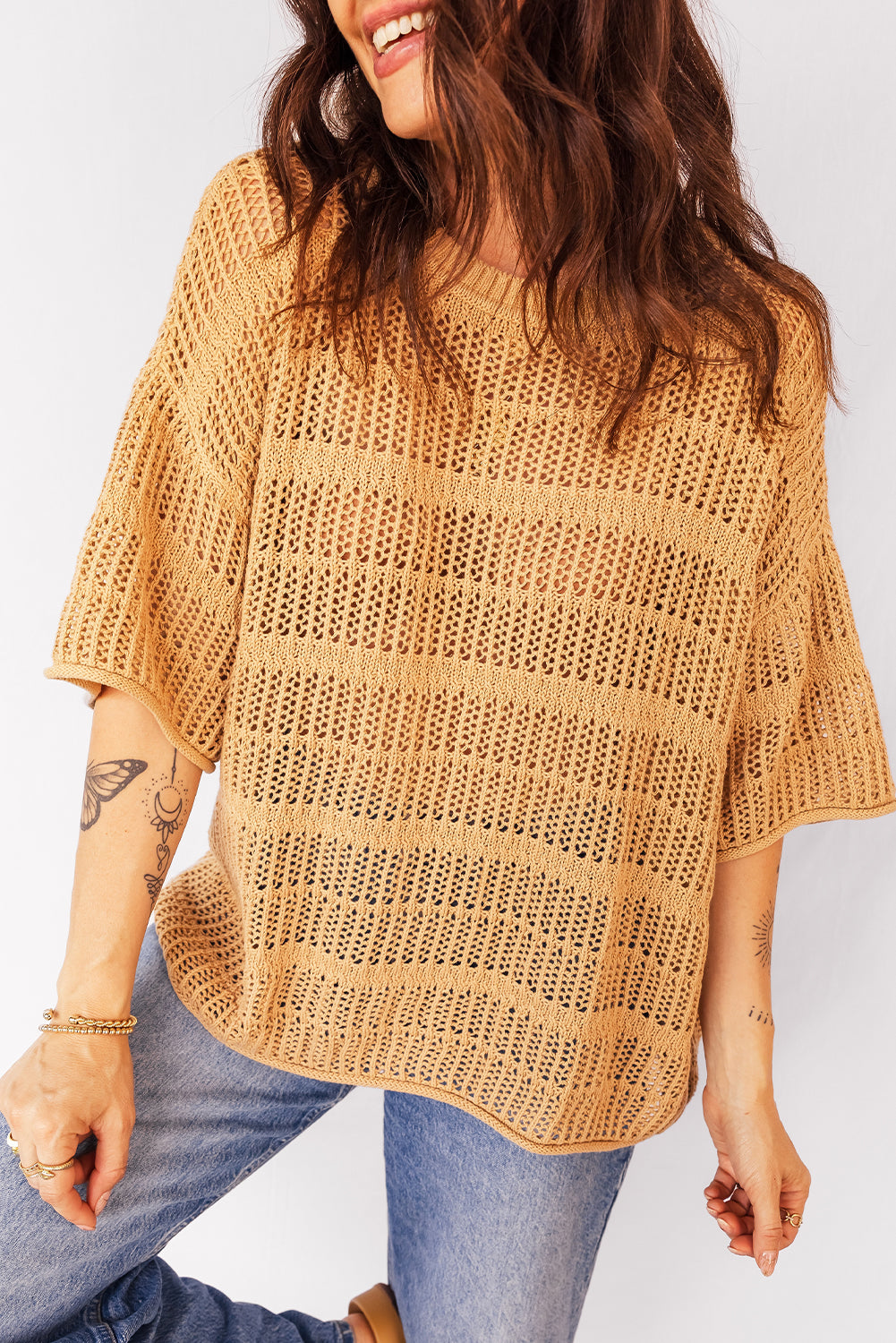 Hollow-Out Openwork Knit 3/4 Sleeve Sweater