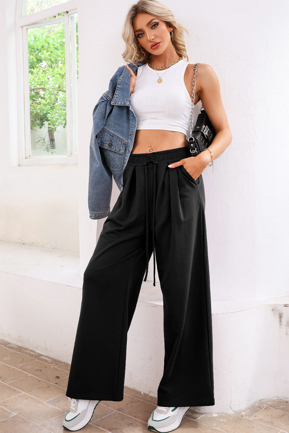 Solid Tied High-Waist Pleated Sweatpants
