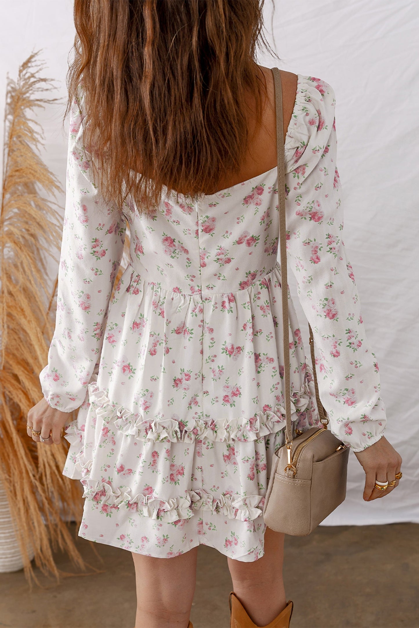 Floral Long Sleeve Ruffle Flared Mini Dress