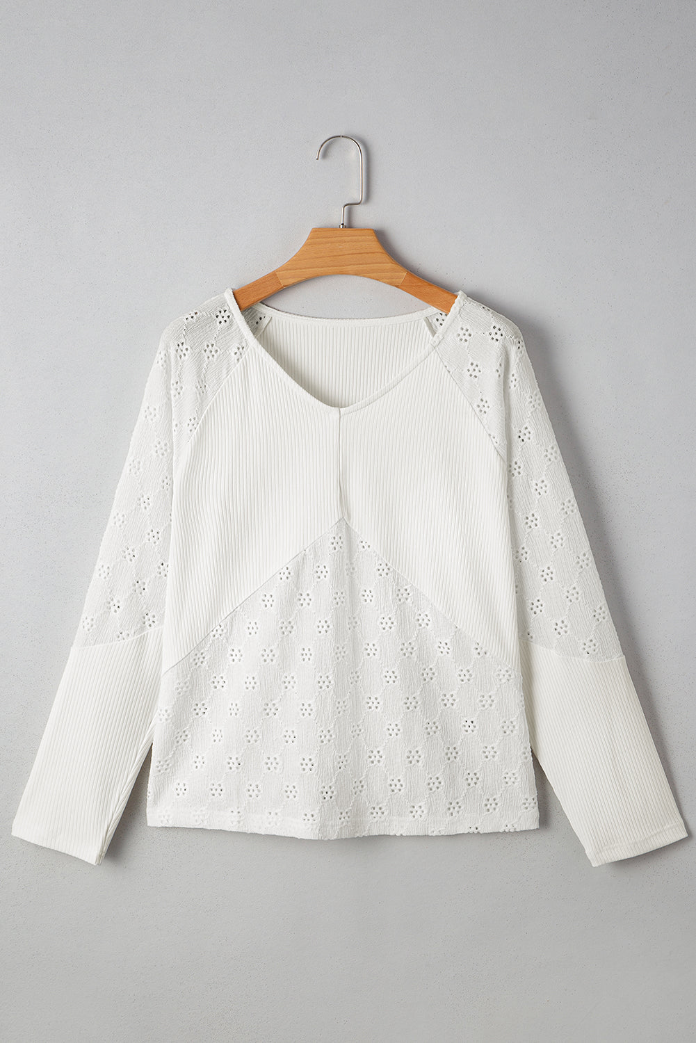 Corded Knit Patchwork Embroidered V-Neck Blouse