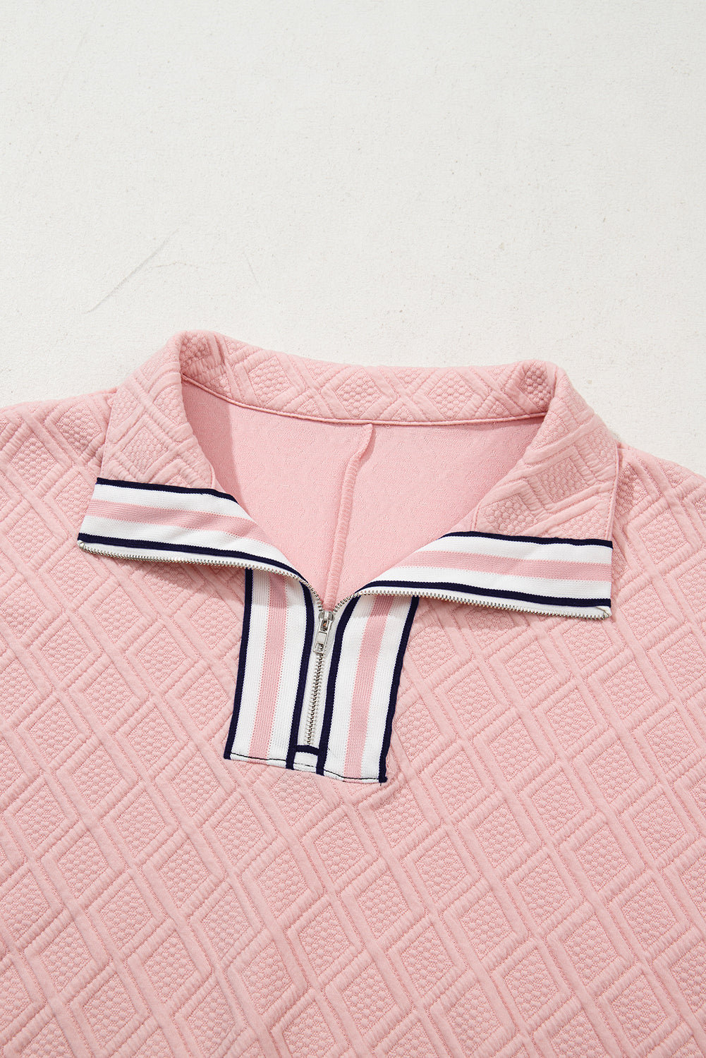 Contrast Stripe Collar Textured Short Sleeve Blouse