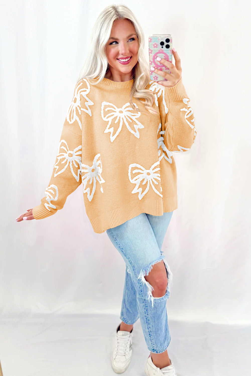 Bow Drop Shoulder Long Sleeve Sweater