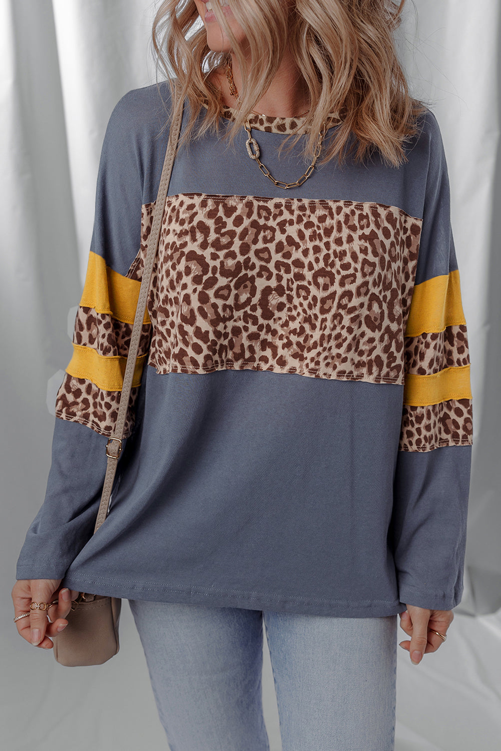 Leopard Patchwork Colorblock Drop Shoulder Top