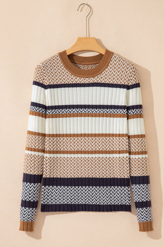 Stripe Knit Ribbed Trim Sweater