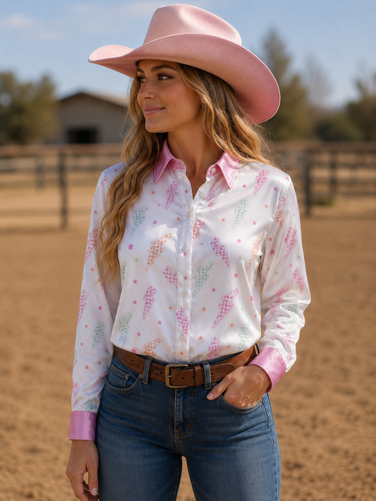 Plaid Lightning Satin Button Up Rodeo Shirt Blouse