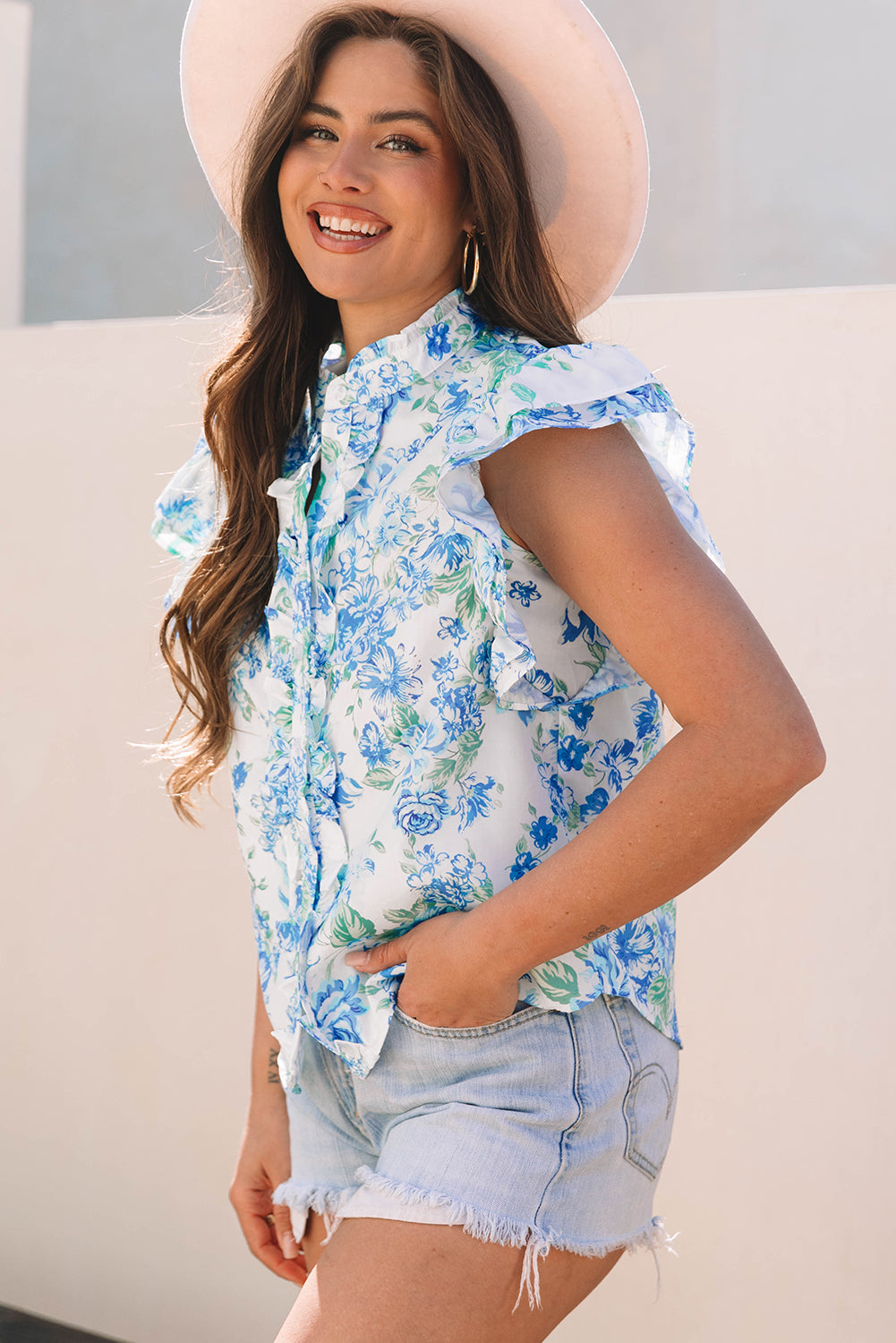 Floral Ruffle Sleeve Frilly Button-Up Shirt