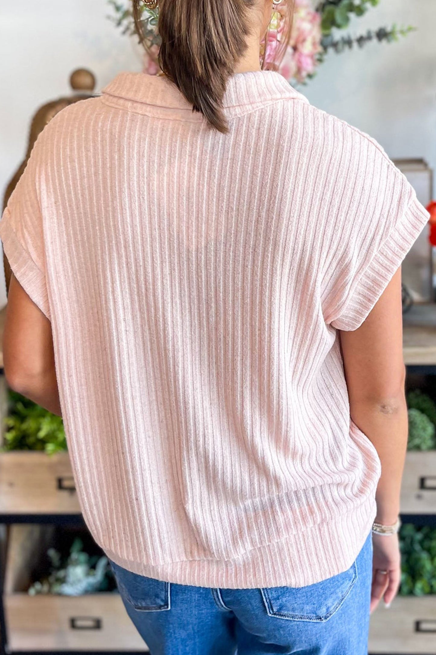 Solid Ribbed Knit Collared V-Neck Tee