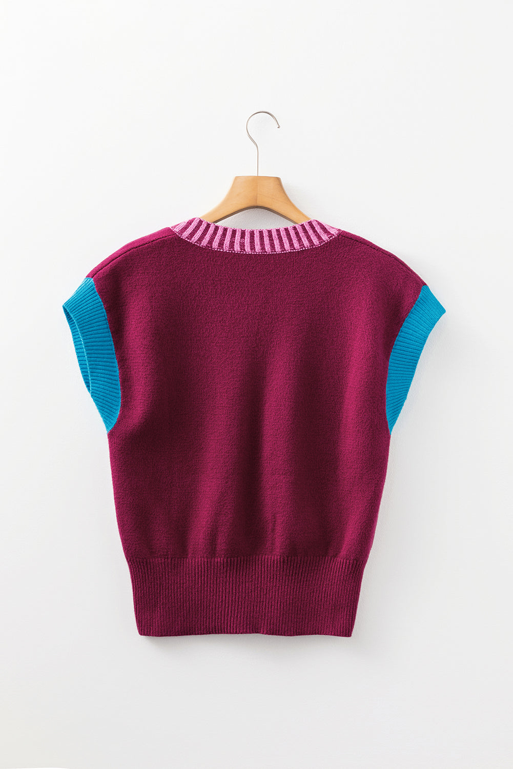 Colorblock V-Neck Cuffed Short Sleeve Sweater