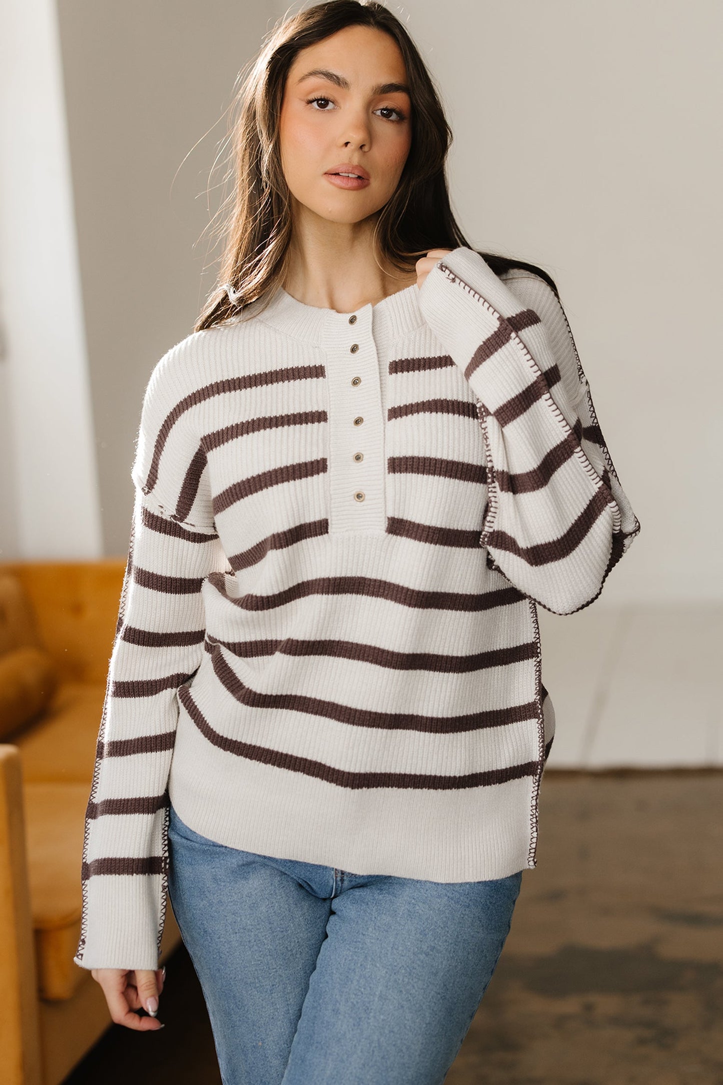Stripe Ribbed Slouchy Drop Shoulder Henley Sweater